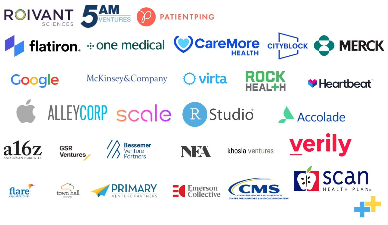 Past MDplus partners including Roivant Sciences, Flatiron, One Medical, Google, McKinsey & Company, a16z, Bessemer Venture Partners, AlleyCorp, Scale, Verily, and many more